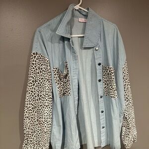 Pink Lily Blue and Black Jean Jacket with Animal Print Sleeves